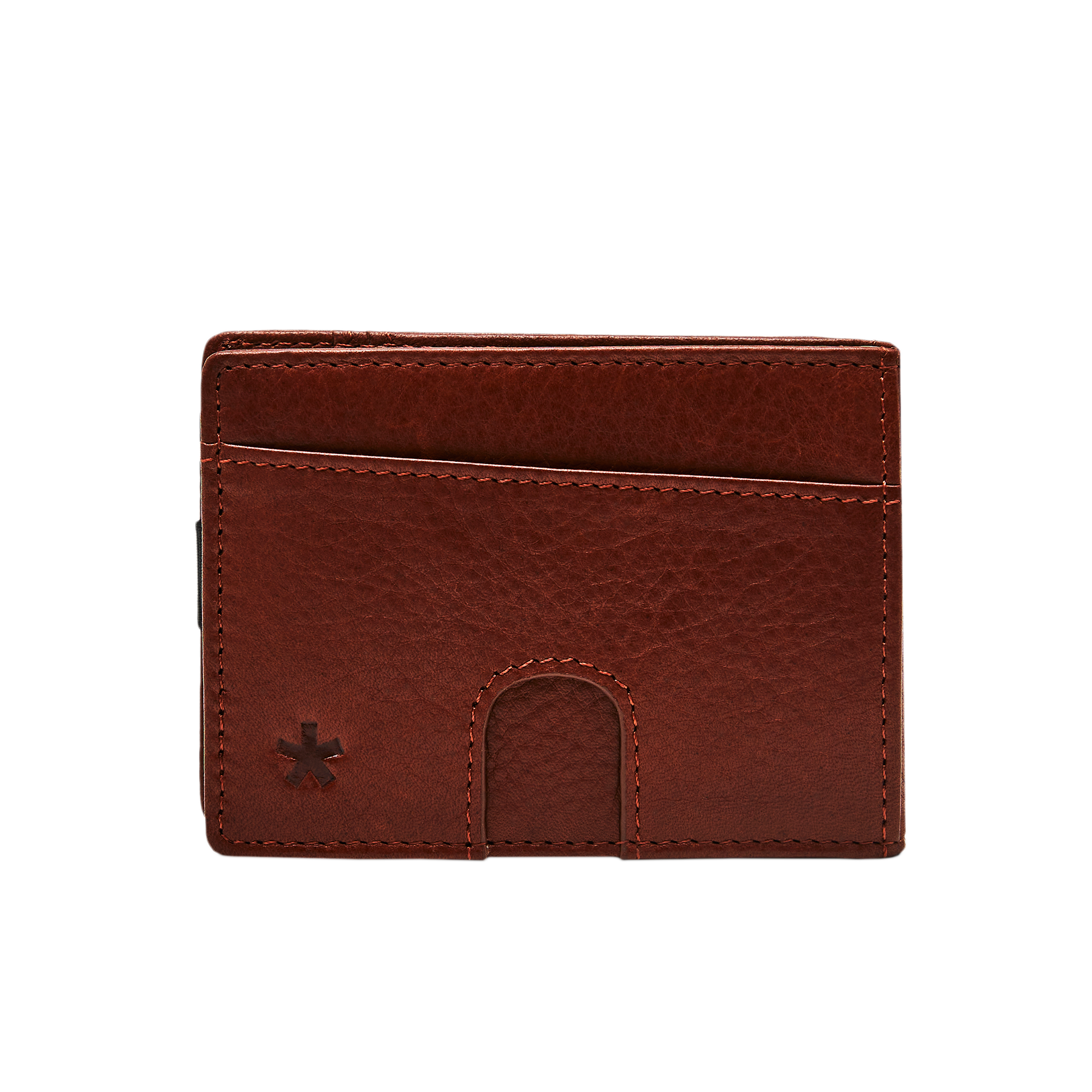 Origin Wallet — A bifold wallet made with ethically sourced Argentinian leather. Displayed in brown.